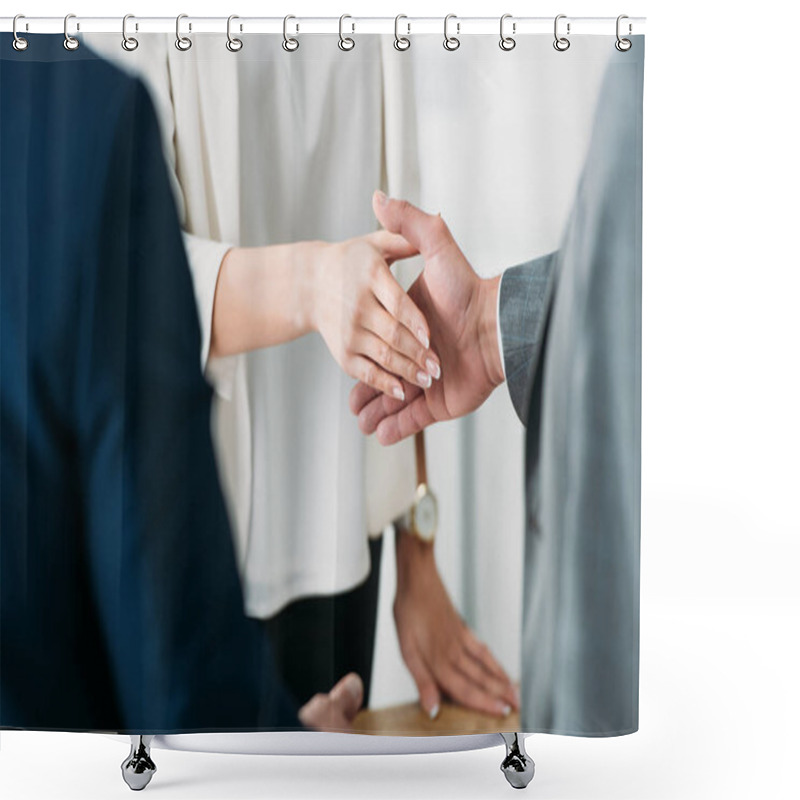 Personality  Selective Focus Of Man And Woman Shaking Hands At Office  Shower Curtains