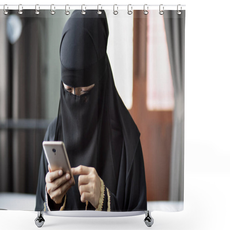 Personality  Middle Eastern, Saudi Arabian Muslim Woman Using Smartphone Or Smartphone App Shower Curtains