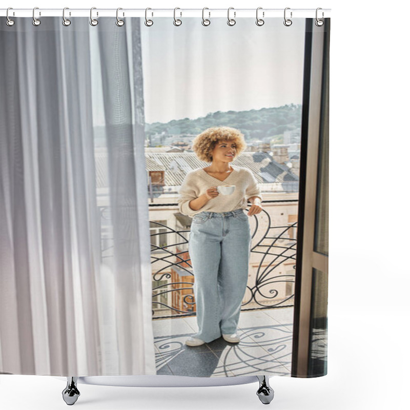 Personality  Cheerful Curly African American Woman Standing With Cup Of Coffee On Hotel Balcony, City View Shower Curtains