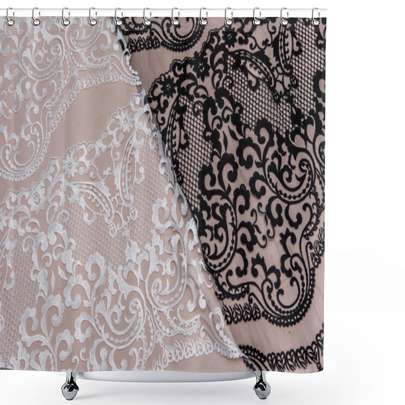 Personality  Texture Lace Fabric. Lace On White Background Studio. Thin Fabric Made Of Yarn Or Thread. A Background Image Of Ivory-colored Lace Cloth. White And Black Lace On Beige Background. Shower Curtains