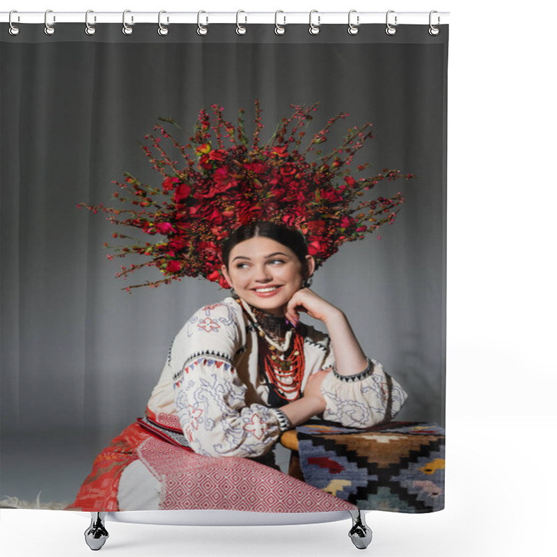 Personality  Happy Ukrainian Woman In Traditional Clothes And Floral Red Wreath On Grey Shower Curtains