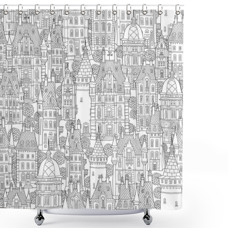 Personality  Seamless Pattern Of Fantasy Landscape. Fairy Tale Castle, Old Medieval Town, Park Trees. Hand Drawn Sketch, House And Tower Silhouette. Coloring Book Page For Adults. Black And White Doodle Shower Curtains