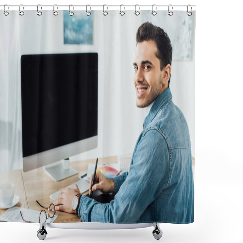 Personality  Designer Smiling At Camera While Working On Project Of User Experience Design Near Computer And Graphics Tablet On Table  Shower Curtains