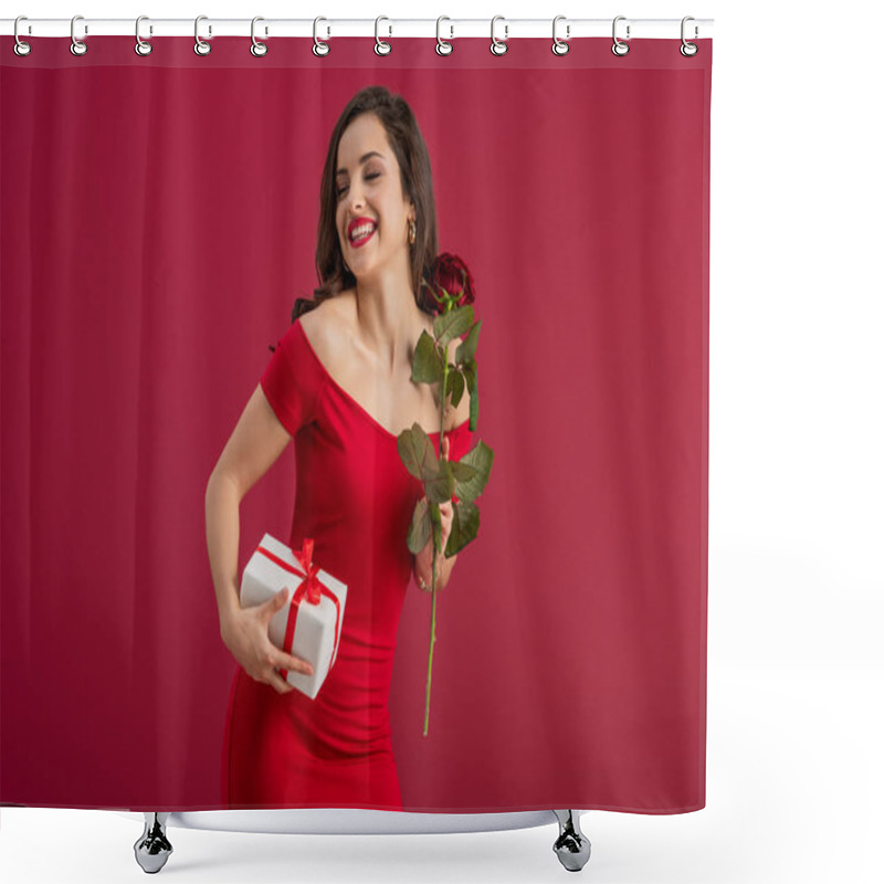 Personality  Happy, Elegant Girl Holding Rose And Gift Box While Smiling With Closed Eyes Isolated On Red Shower Curtains