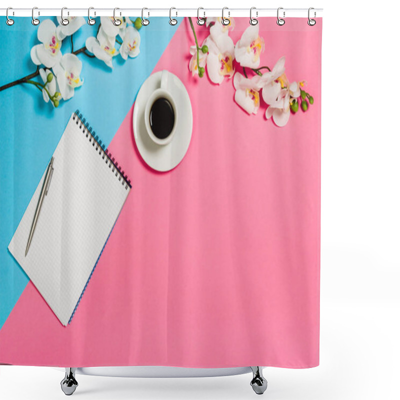 Personality  Flat Lay Photo Of A Creative Freelancer Woman Workspace Desk With Copy Space Background. Shower Curtains