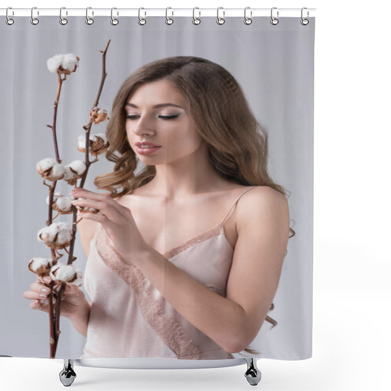 Personality  Attractive Girl Posing With Soft Cotton Flowers, Isolated On Grey Shower Curtains