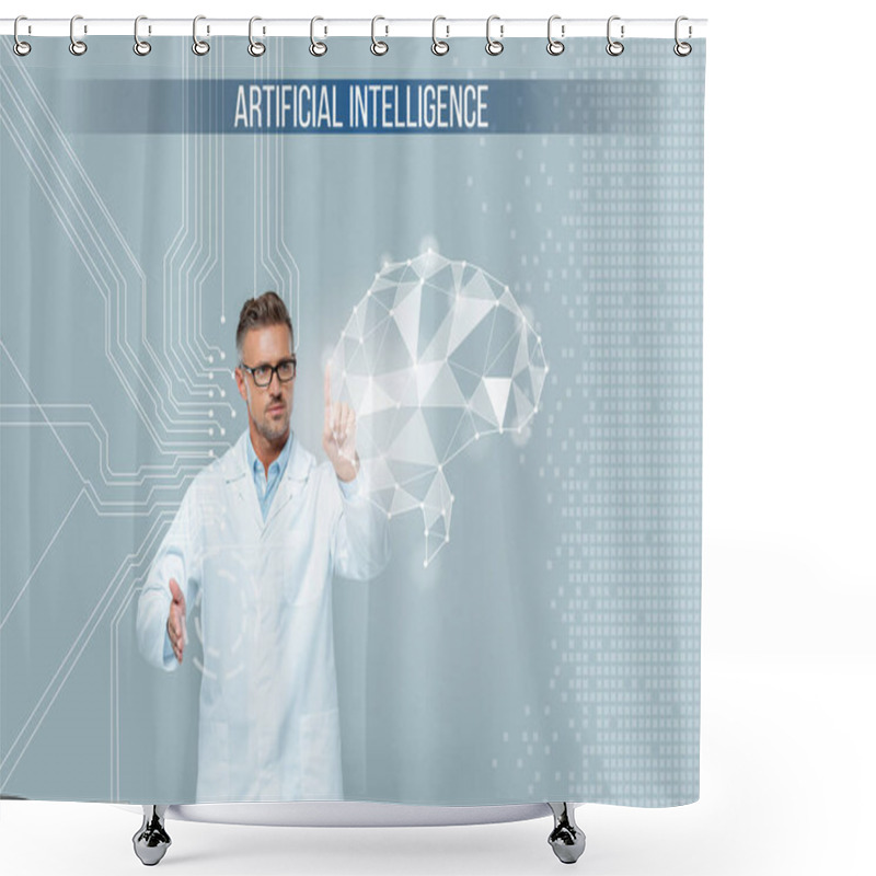 Personality  Handsome Scientist In Glasses Touching Brain Interface Isolated On Grey, Artificial Intelligence Concept Shower Curtains