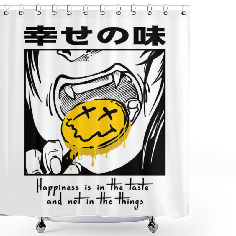 Personality  Hand Drawn Original Manga Character Eating Emoji Candy Illustration With Slogan Print Design Japanese Words Translation Is Taste Of Happiness Shower Curtains