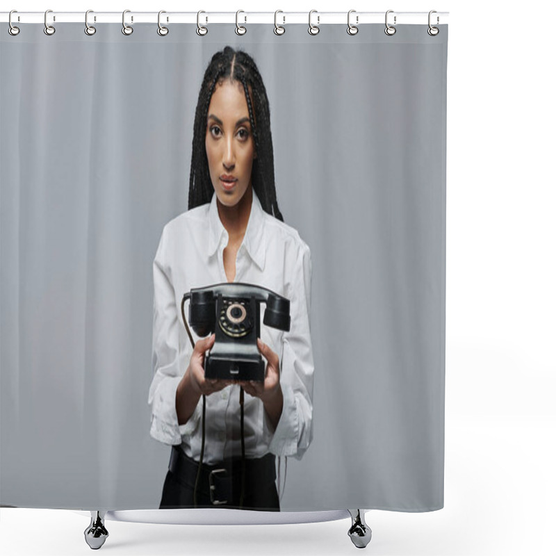 Personality  A Young Woman In A White Shirt Holds An Old Rotary Phone, Posing Against A Gray Backdrop. Shower Curtains