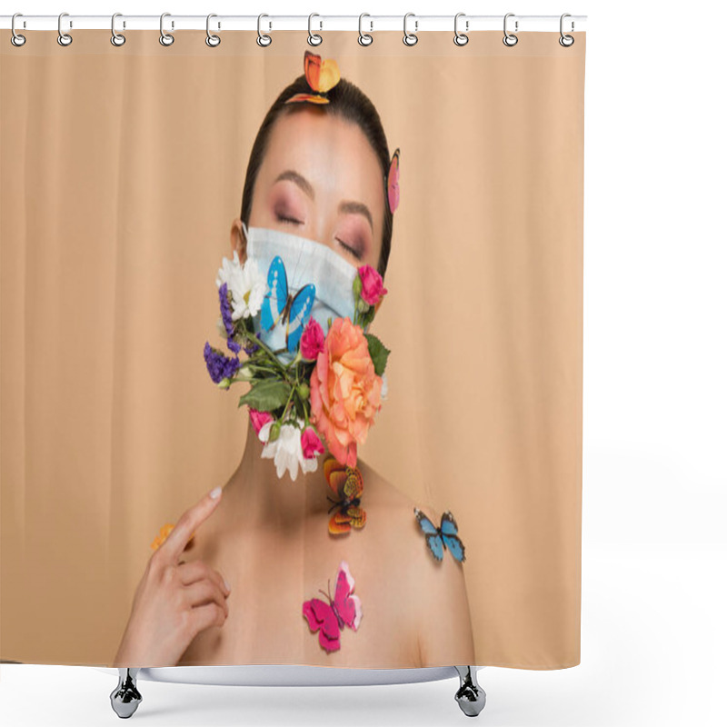 Personality  Beautiful Tender Naked Asian Girl With Closed Eyes In Floral Face Mask With Butterflies Isolated On Beige Shower Curtains