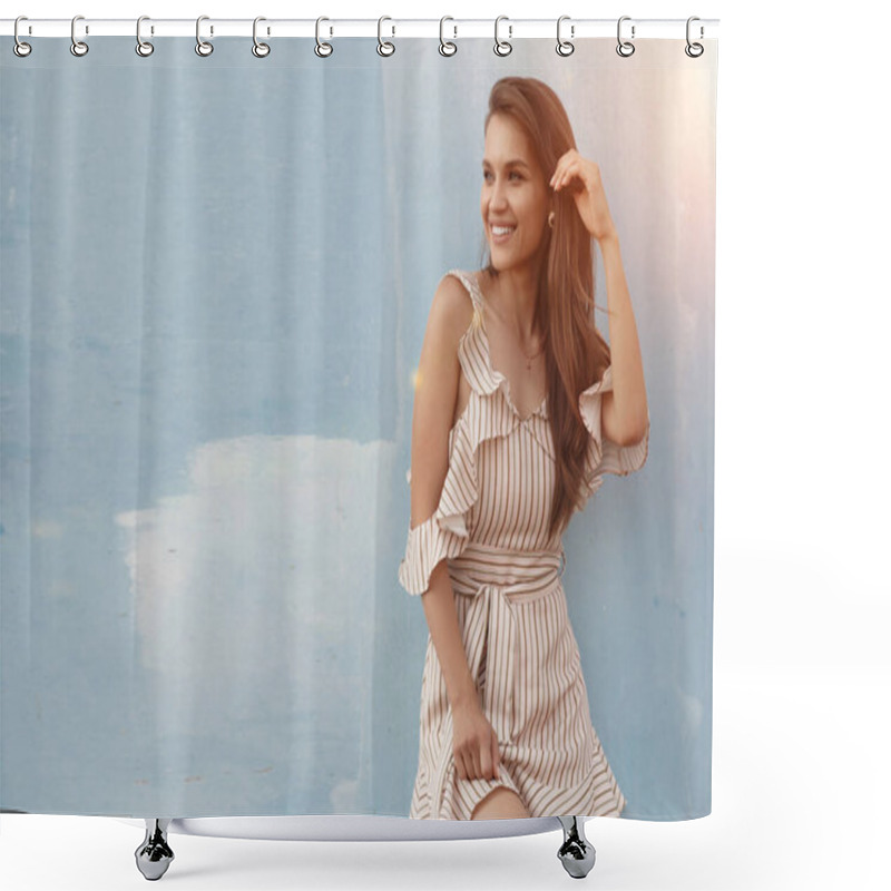 Personality  Portrait Of A Young Smiling Woman Near Blue Wall Outdoor Shower Curtains