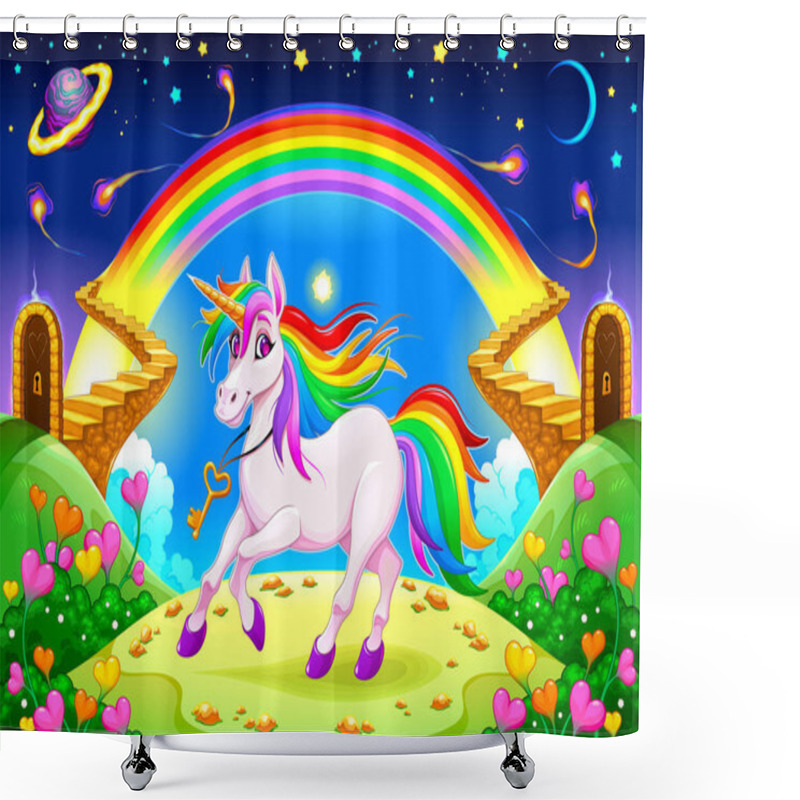 Personality  Rainbow Unicorn In A Fantasy Landscape With Golden Stairs. Vector Illustration Shower Curtains