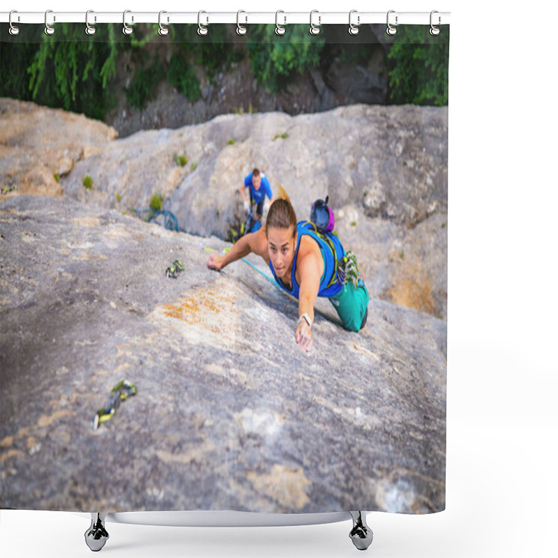 Personality  Woman Climbs Rock. Shower Curtains