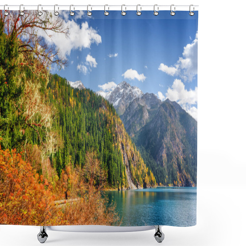 Personality  Scenic View Of The Long Lake Among Fall Woods And Mountains Shower Curtains