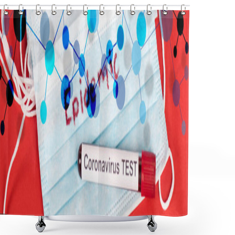 Personality  Panoramic Shot Of Sample With Coronavirus Test Near Protective Medical Masks With Epidemic Lettering And Illustration On Red  Shower Curtains