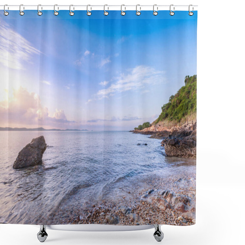 Personality  Beautiful Seashore With Wooden Walkway Bridge And Mountain Landscape In Morning Sunrise Shower Curtains