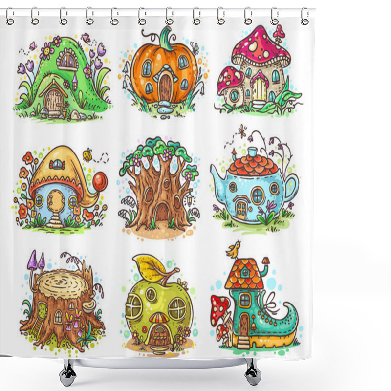 Personality  Cute Cartoon Elven, Fairy Or Gnome Houses In The Form Of Pumpkin, Tree, Teapot, Boot, Apple, Mushroom, Stump Shower Curtains