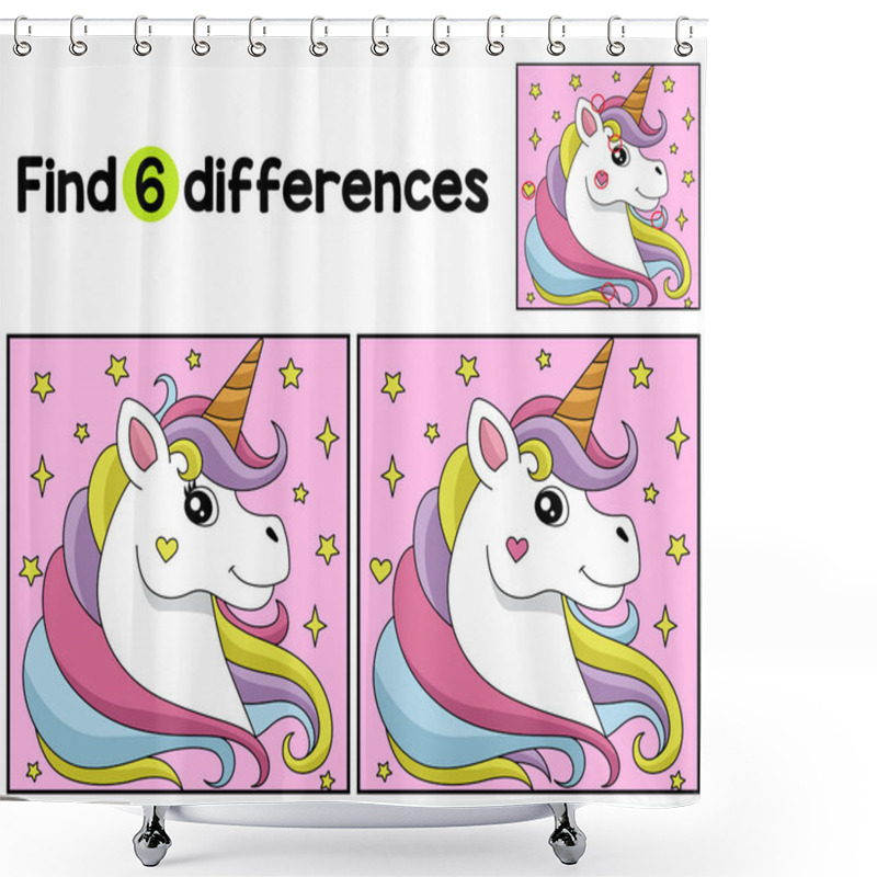 Personality  Find Or Spot The Differences On This Unicorn Head Kids Activity Page. A Funny And Educational Puzzle-matching Game For Children. Shower Curtains