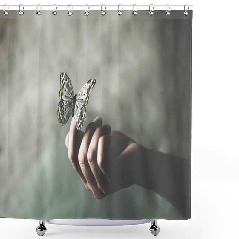 Personality  A Butterfly Leans On A Woman's Hand Shower Curtains