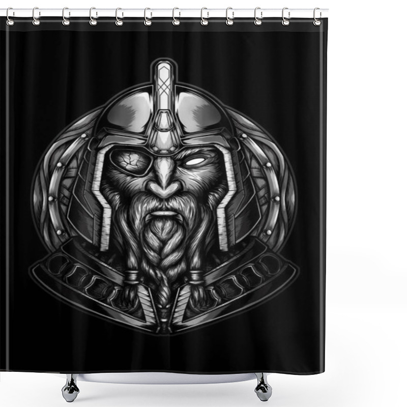 Personality  Graphic Portrait Of A Northern Warrior In A Round Metal Helmet And Armor, A Bust Of A One-eyed Dwarf With A Beard And Mustache, The Face Of An Old Viking Close-up On The Background Of A Shield. Shower Curtains