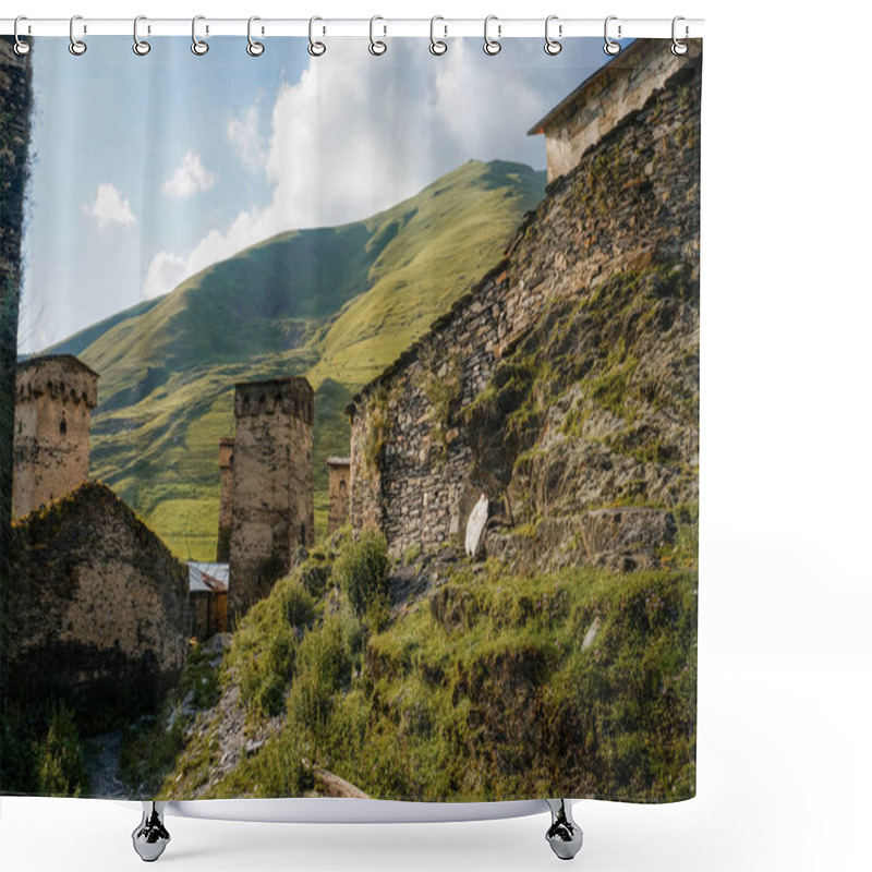 Personality  View Of Grassy Field With Old Weathered Rural Buildings And Hills On Background, Ushguli, Svaneti, Georgia Shower Curtains