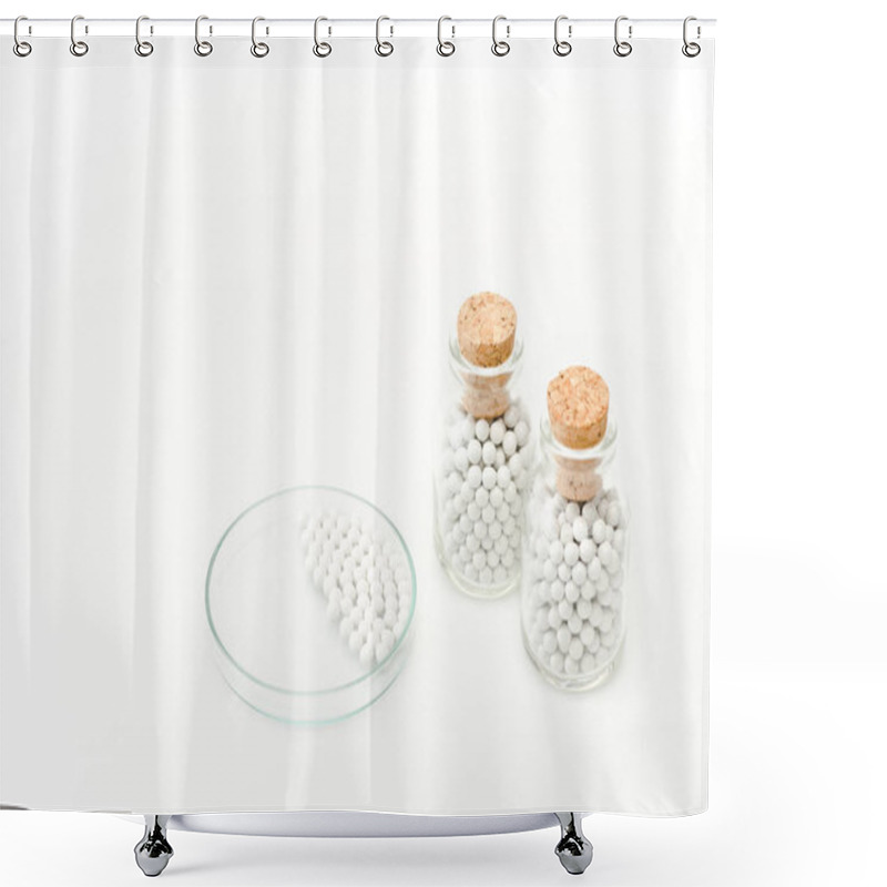 Personality  Bottles With Wooden Corks Near Glass Petri Dish Isolated On White  Shower Curtains