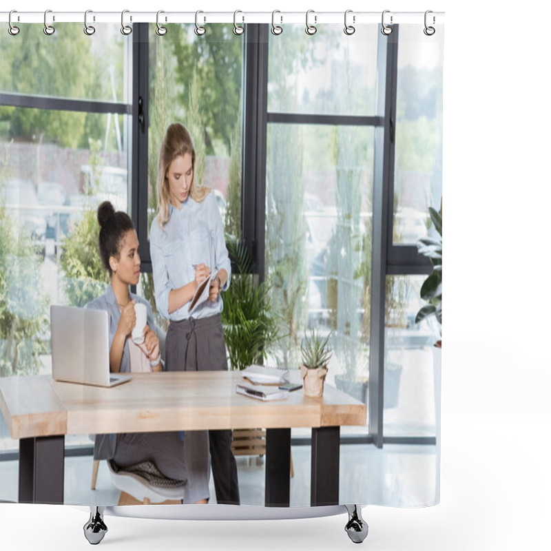 Personality  Multiethnic Businesswomen Working On Project Shower Curtains