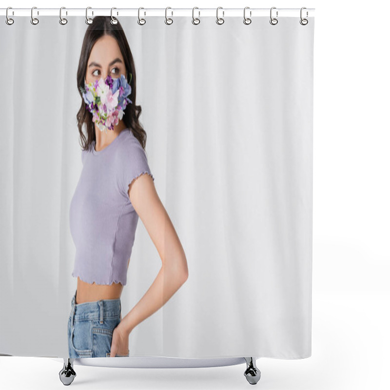 Personality  Young Woman In Crop Top And Medical Mask With Blooming Flowers Looking Away Isolated On White Shower Curtains