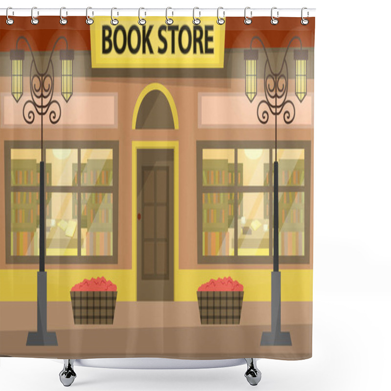 Personality  Bookstore Building Fa Ade. A Lot Of Books On The Shelves. Literary Shop. Flat Style. Vector Illustration Shower Curtains