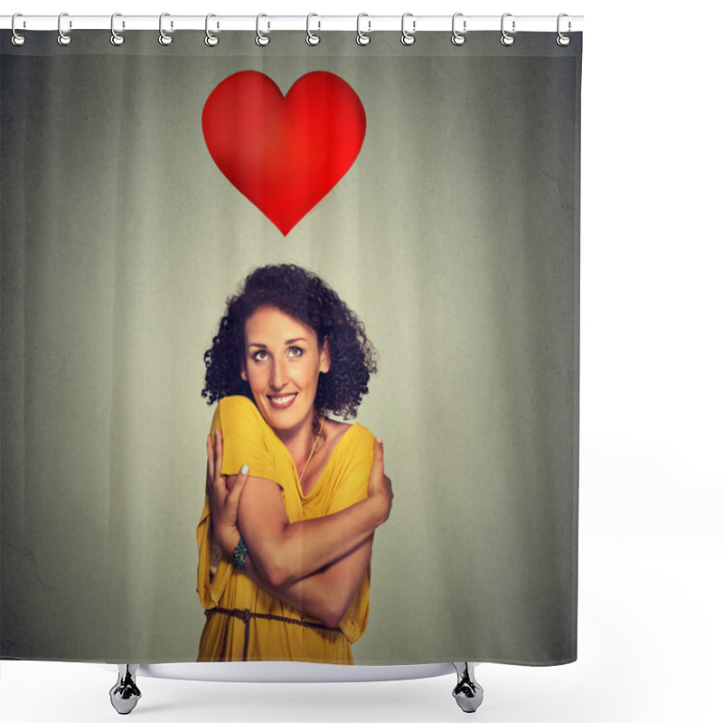 Personality  Portrait Smiling Woman Holding Hugging Herself With Red Heart Above Head Shower Curtains