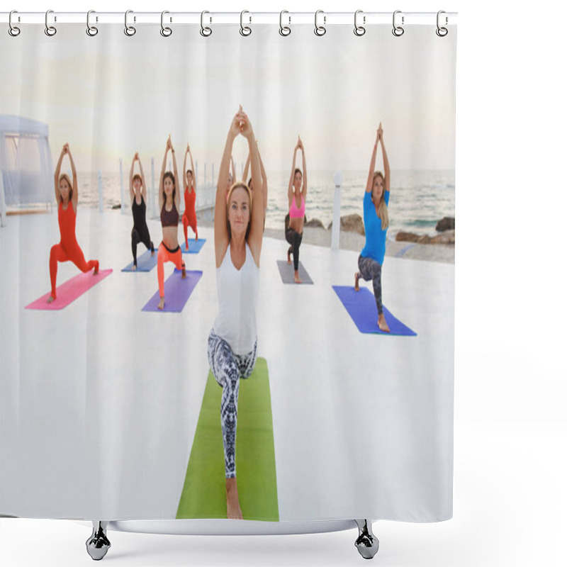 Personality  A Group Of Women Doing Yoga At Sunrise Near The Sea Shower Curtains