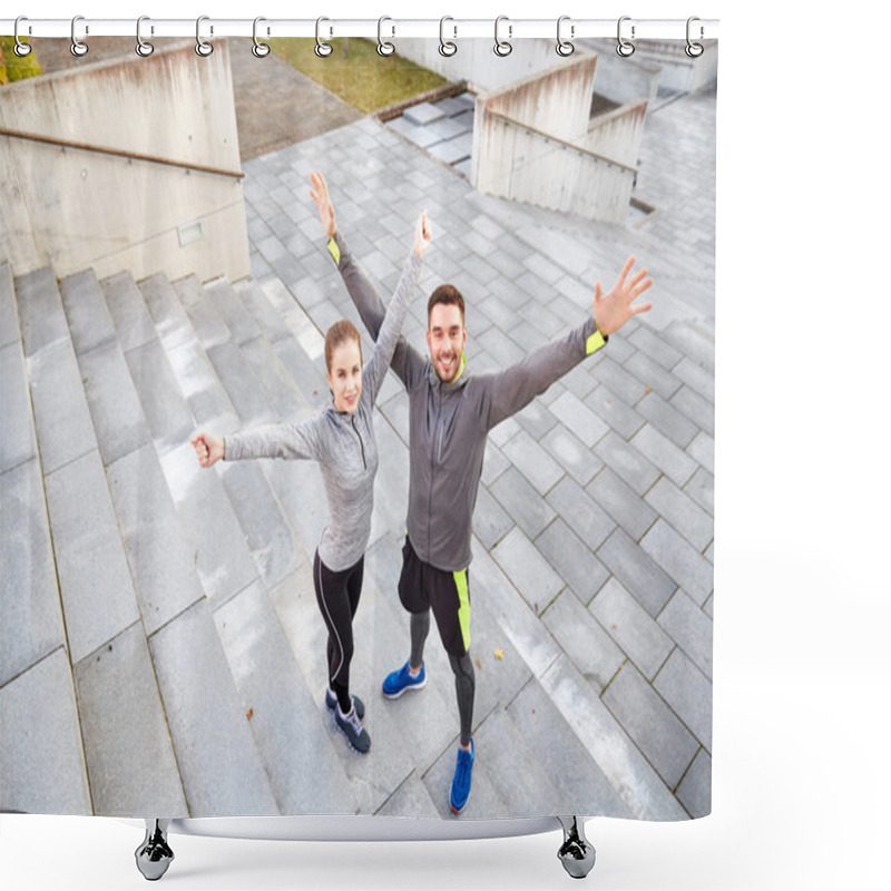 Personality  Happy Smiling Couple Outdoors On City Street Shower Curtains