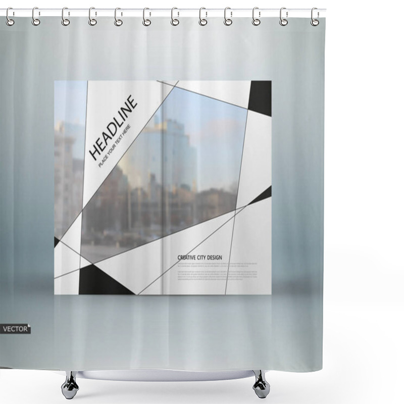 Personality  Abstract Binder Art. White A4 Brochure Cover Design. Info Banner Frame. Elegant Ad Flyer. Daily Periodical Issue. Text Font. Blurb Model. Fancy Vector Front Page. City View. Trade Center Figure Icon Shower Curtains