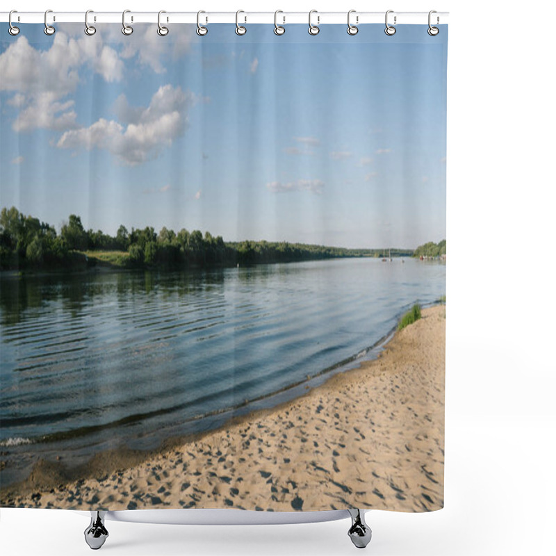 Personality  Sunny Summer Landscape With River, Sandy Beach And Beautiful Green Trees On The River Bank Shower Curtains