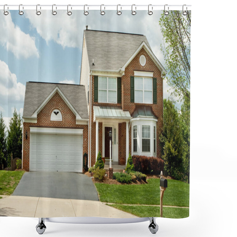 Personality  Front View Brick Single Family House Home Suburban Maryland, USA Shower Curtains