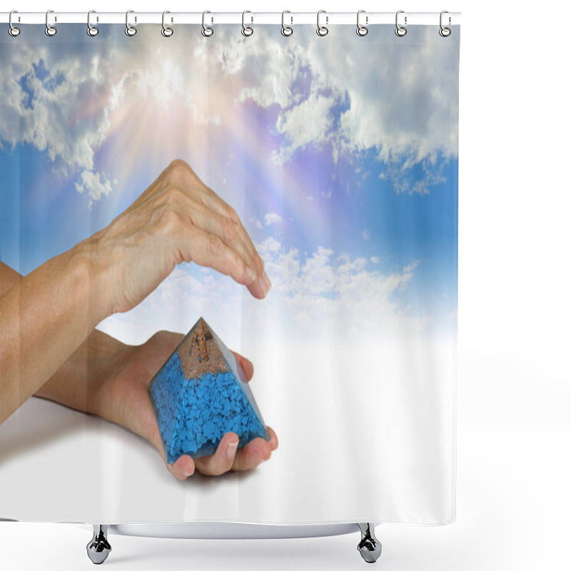 Personality  Sensing Orgone Pyramid Resonance On Cobalt Blue Silk Background - Female Holding An Orgone Pyramid In Left Hand With Right Hand Hovering Above Sensing Energy Against Blue Sky Background With Copy Space Shower Curtains