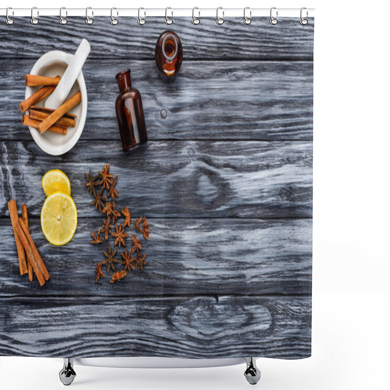 Personality  Top View Of Bottles Of Natural Herbal Essential Oils, Cinnamon Sticks And Carnation On Wooden Table Shower Curtains