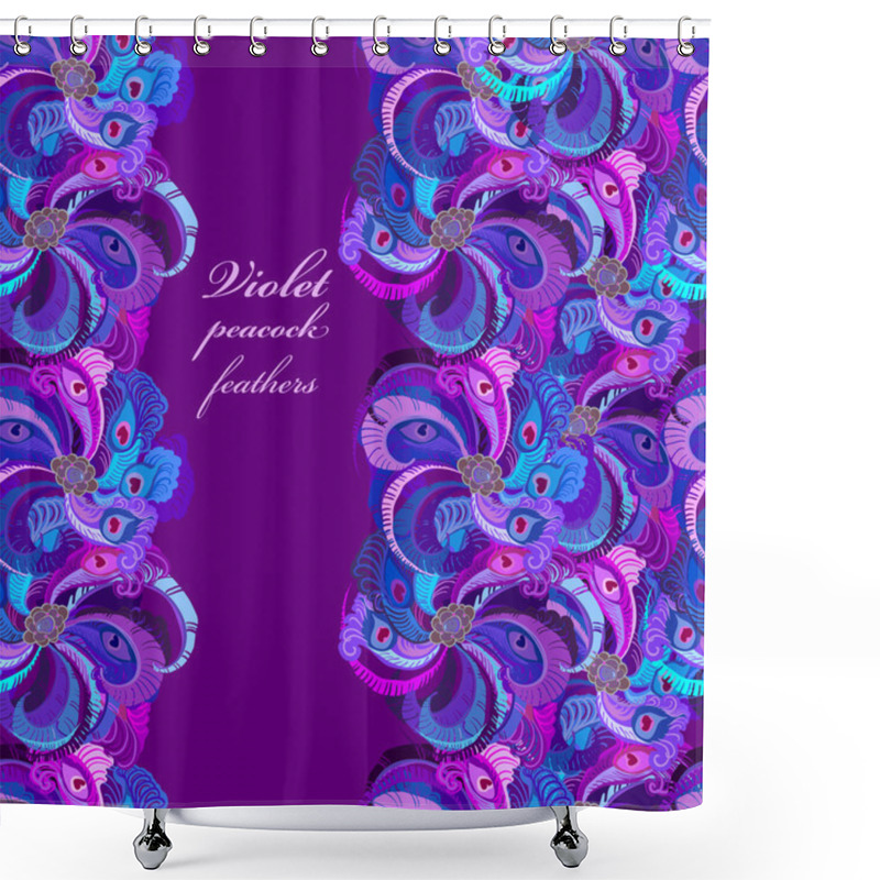 Personality  Violet, Lilac And Blue Peacock Feathers. Vertical Border Dark Design. Shower Curtains