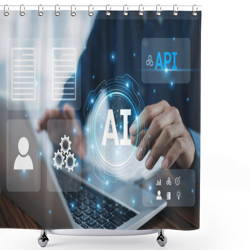 Personality  A Businessman Uses A Computer To Integrate Application Programming Interfaces (APIs), Artificial Intelligence (AI), And Microservices, Enhancing Operational Efficiency And Driving Innovation. Shower Curtains