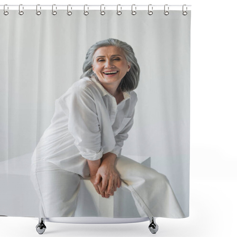 Personality  Cheerful Woman Looking At Camera On Cube Isolated On Grey  Shower Curtains