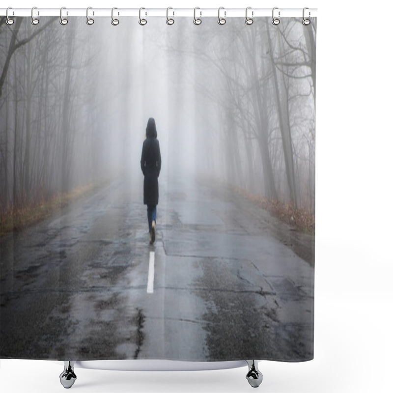 Personality  Lonely Woman Walking In Fog. Rural Landscape With Road In Morning Mist. Warm Autumn Colors. Dark Mysterious Background Shower Curtains