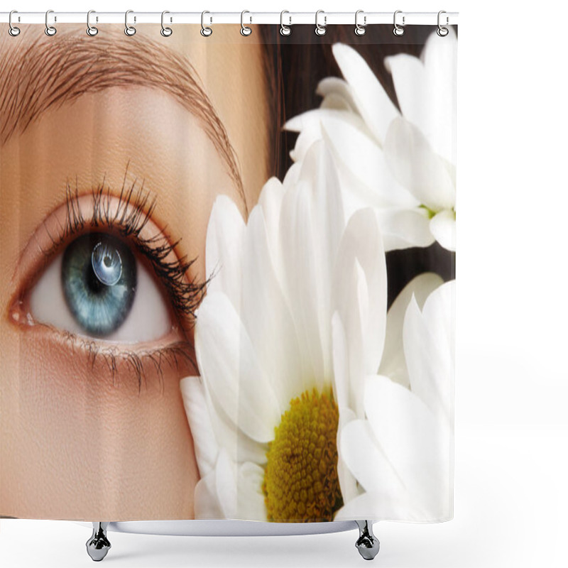 Personality  Beautiful Blue Female Eye With White Spring Flower. Clean Skin, Fashion Naturel Make-up. Good Vision, Healthcare Shower Curtains