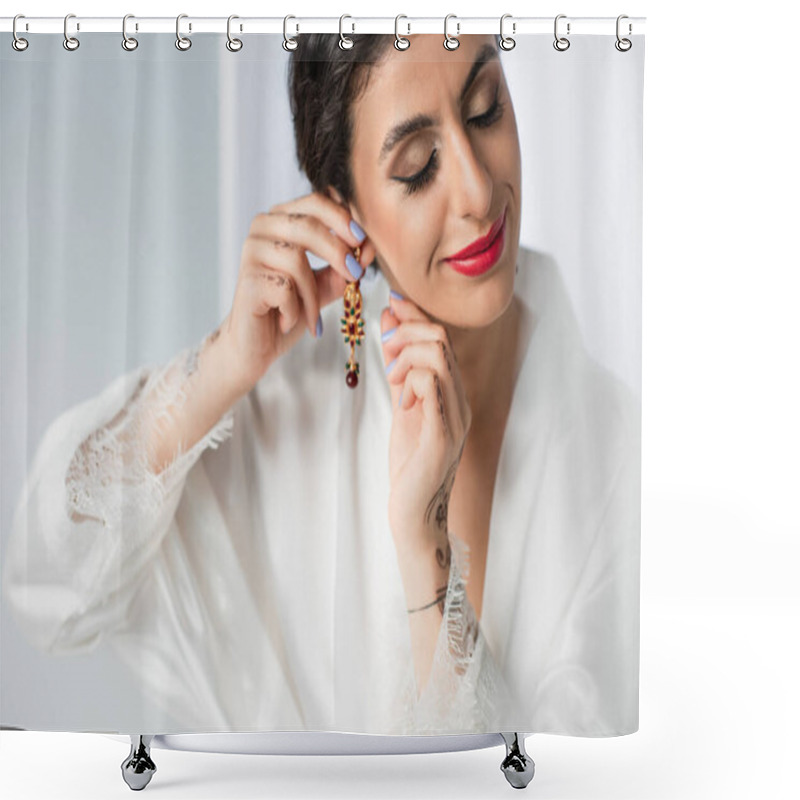 Personality  Smiling Indian Bride Wearing Earring On White Shower Curtains