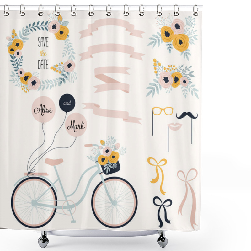 Personality  Wedding Set With Flowers, Ribbons And Bicycle Shower Curtains