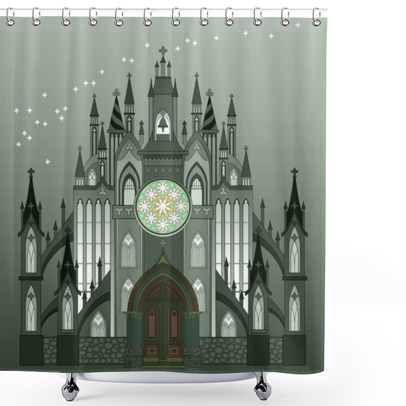 Personality  Fantastic Gothic Castle From Fairyland. Illustration Of Medieval Cathedral With Beautiful Stained Glass Rose. Middle Ages In Western Europe. Print For Travel Company. Cover For Kids Fairy Tale Book. Shower Curtains