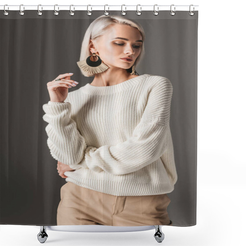 Personality  Attractive Elegant Woman Posing In White Sweater And Big Earrings, Isolated On Grey Shower Curtains