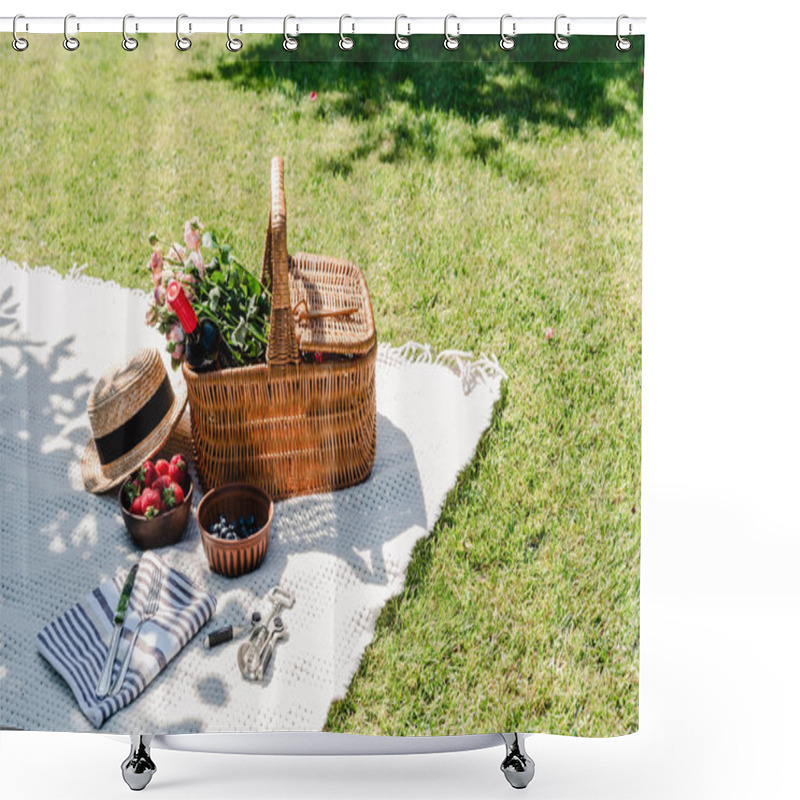 Personality  Wicker Basket With Roses And Bottle Of Wine On White Blanket Near Straw Hat, Cutlery On Napkin And Berries At Sunny Day In Garden Shower Curtains