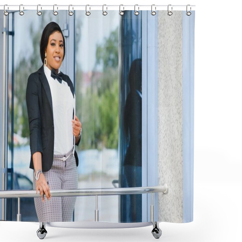 Personality  Pensive African American Female Lawyer In Stylish Formal Suit Holding Folder With Mock Up Area And Looking Away Standing Against Courthouse. Half Length Of Woman Professional Advocate With Documents Shower Curtains