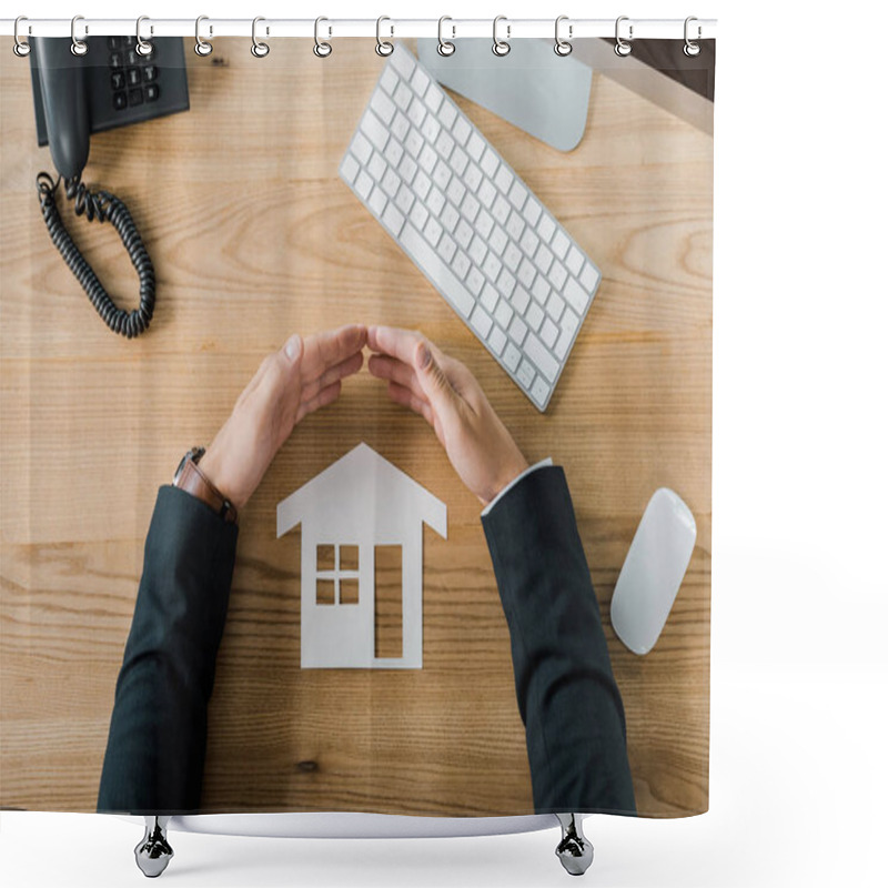 Personality  Partial View Of Businessman Covering House Paper Model With Hands At Workplace With Keyboard And Computer Mouse, Insurance Concept Shower Curtains