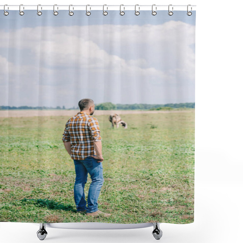 Personality  Back View Of Mid Adult Farmer In Checkered Shirt Standing And Looking At Field Shower Curtains